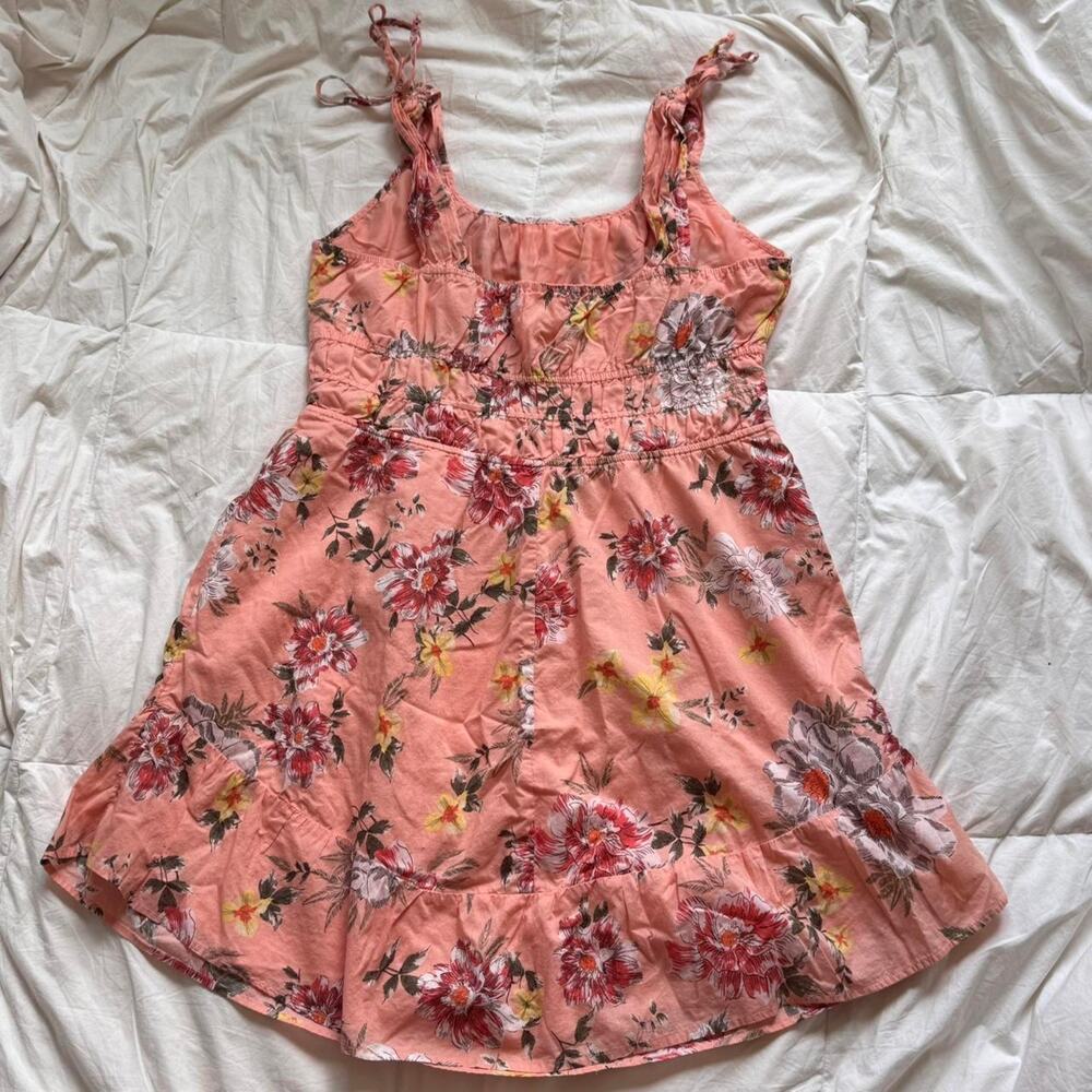 Peach floral baby doll sleeveless dress sz XL ruched bows romantic cottagecore - Picture 6 of 8